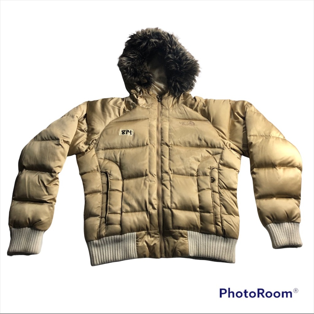 The North Face Womens Medium Gold Goose Down Gotham Bomber Jacket Faux Fur